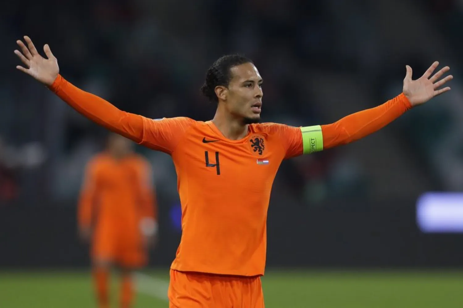 Netherlands' Virgil van Dijk gestures during the Euro 2020 group C qualifying soccer match between Belarus and Netherlands at the Dinamo stadium in Minsk, Belarus, Sunday, Oct. 13, 2019. (AP Photo/Sergei Grits)