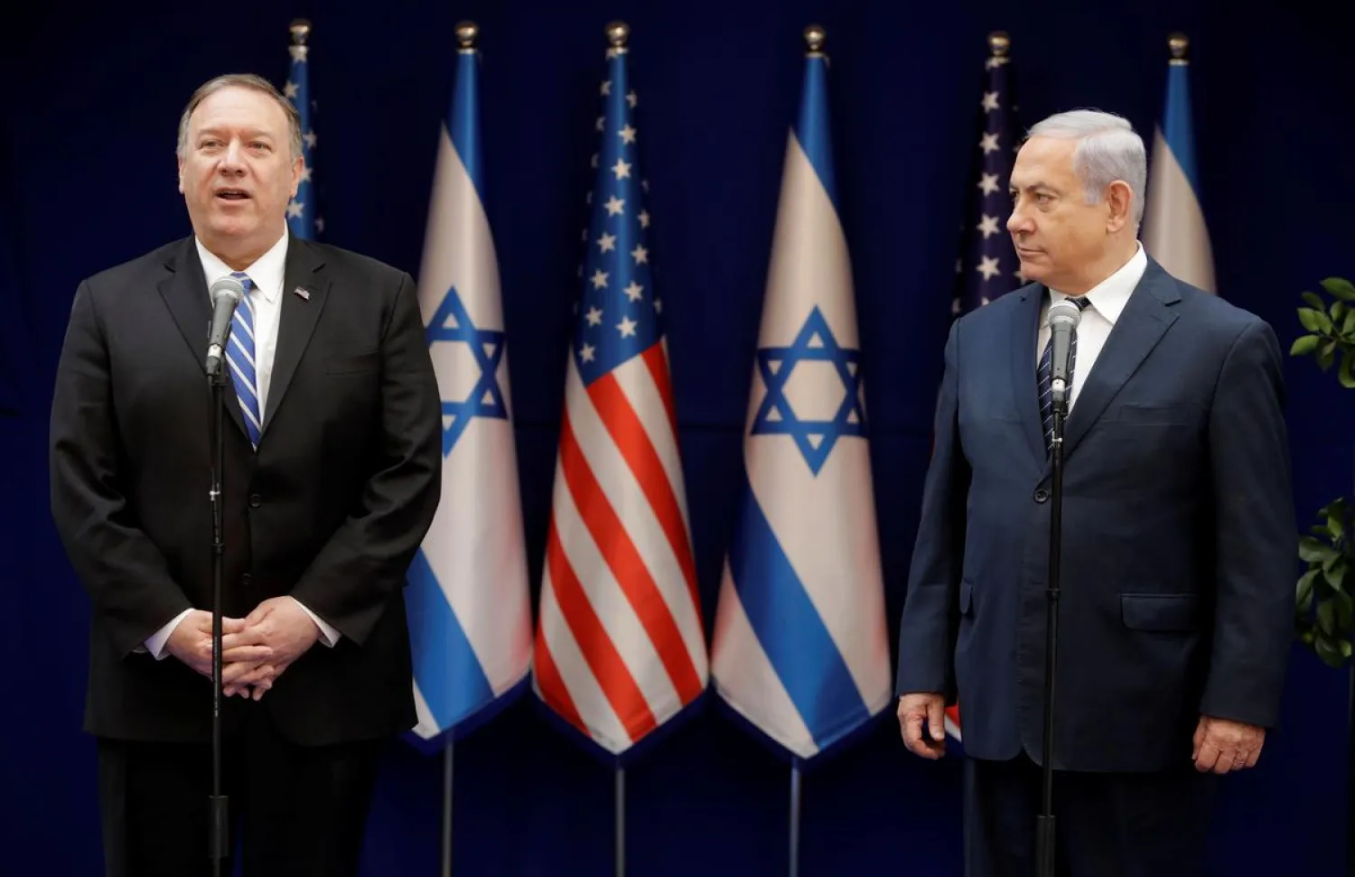 US Secretary of State Mike Pompeo and Israeli Prime Minister Benjamin Netanyahu attend a meeting in Jerusalem, Friday, October 18, 2019. (Reuters)