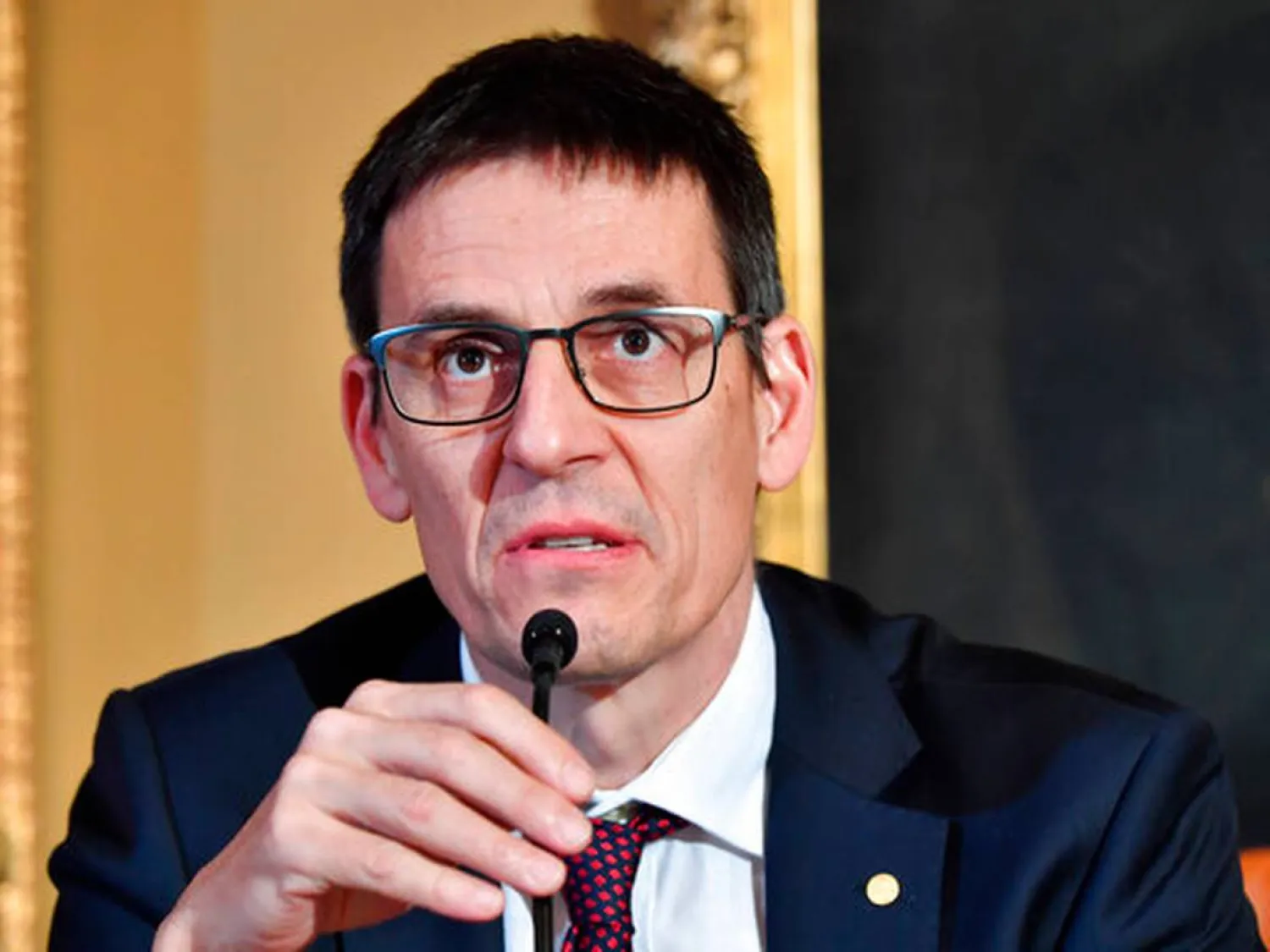 Nobel laureate in Physics Didier Queloz speaks during a news conference at The Royal Swedish Academy of Sciences in Stockholm, Sweden December 7, 2019. Jonas Ekstromer/TT News Agency/via REUTERS