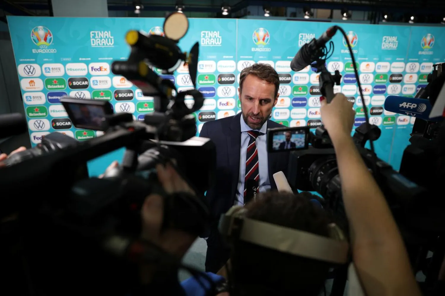 England manager Gareth Southgate is interviewed by the media after the Euro 2020 draw on November 30, 2019. (Reuters)