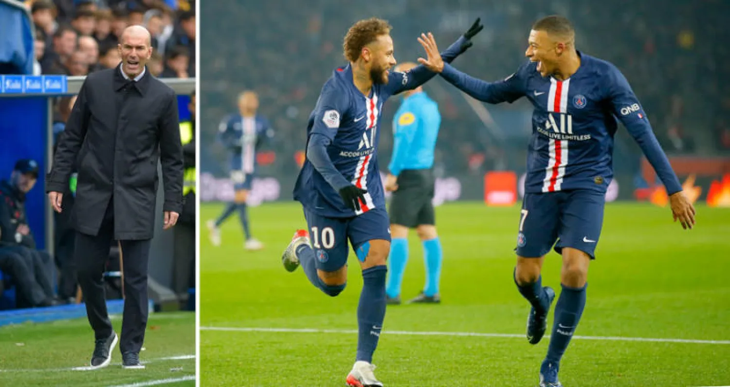 مبابي ونيمار عادا للتألق معاً في سان جيرمان على أمل حصد اللقب الأوروبي قبل الرحيل (أ.ب)  -  زيدان مهتم بضم مبابي (أ.ف.ب)