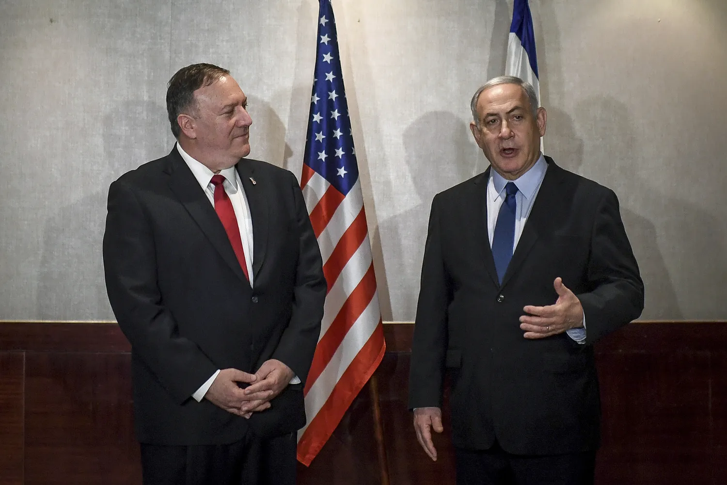 US Secretary of State Mike Pompeo and Israeli Prime Minister Benjamin Netanyahu speak during their meeting in Lisbon Wednesday, Dec. 4, 2019. (AP Photo/Patricia De Melo Moreira, Pool)
PATRICIA DE MELO MOREIRA