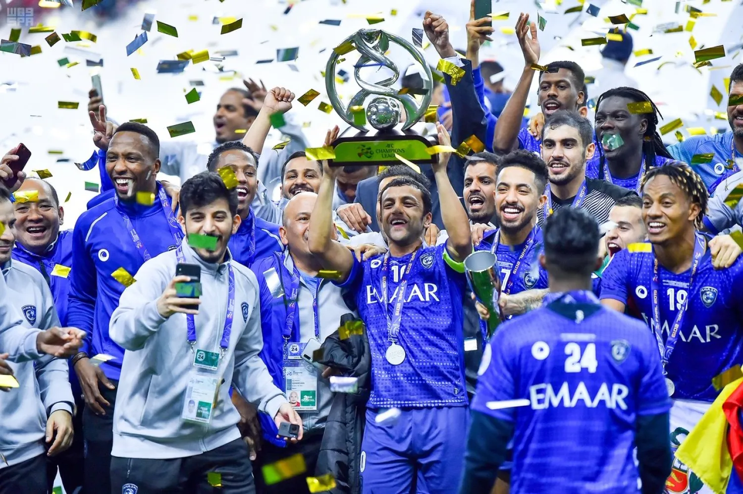Al Hilal players celebrate winning the Asian Champions League last month. (SPA)