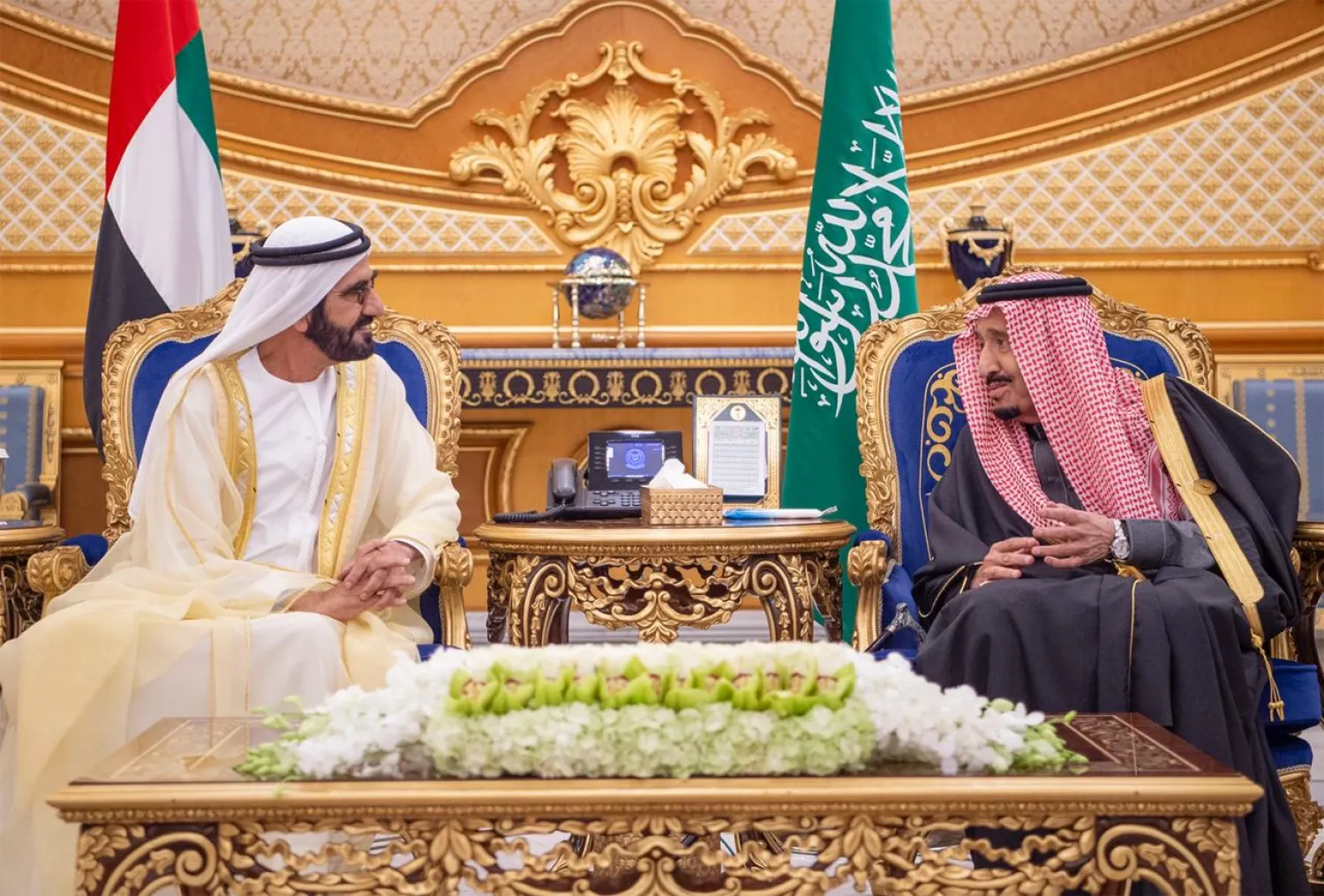 King Salman receives the Vice President of the UAE upon his arrival in Riyadh to attend the GCC summit. (SPA)