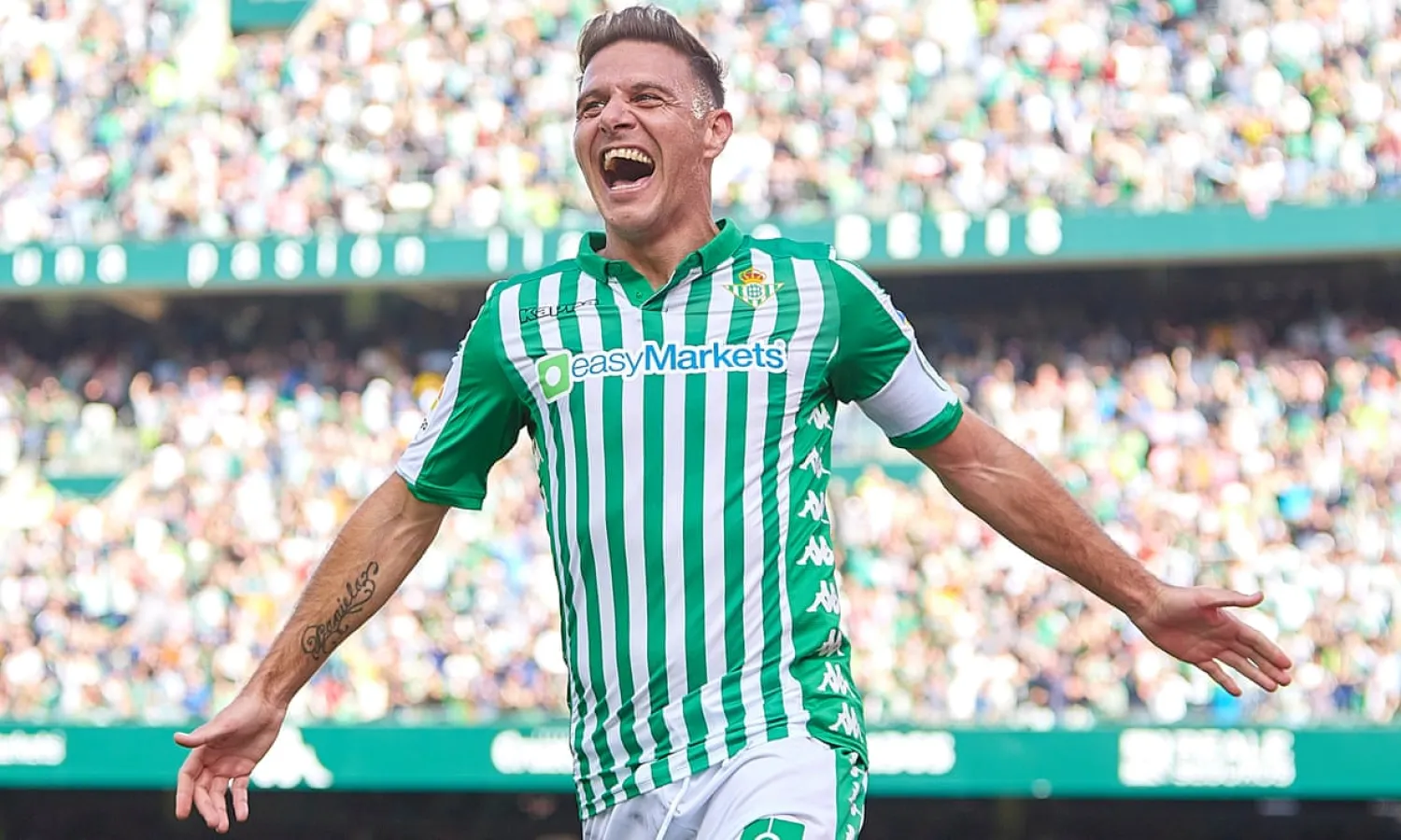  Joaquín celebrates after scoring his hat-trick at the age of 38 years and 140 days old. Photograph: Quality Sport Images/Getty Images