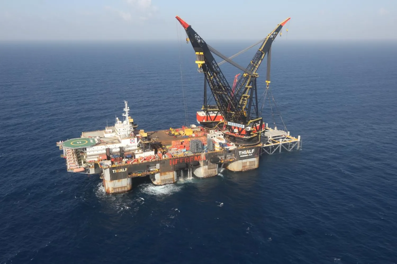 FILE PHOTO: An aerial view shows the newly arrived foundation platform of Leviathan natural gas field, in the Mediterranean Sea, off the coast of Haifa, Israel January 31, 2019. Marc Israel Sellem/Pool via REUTERS/File Photo