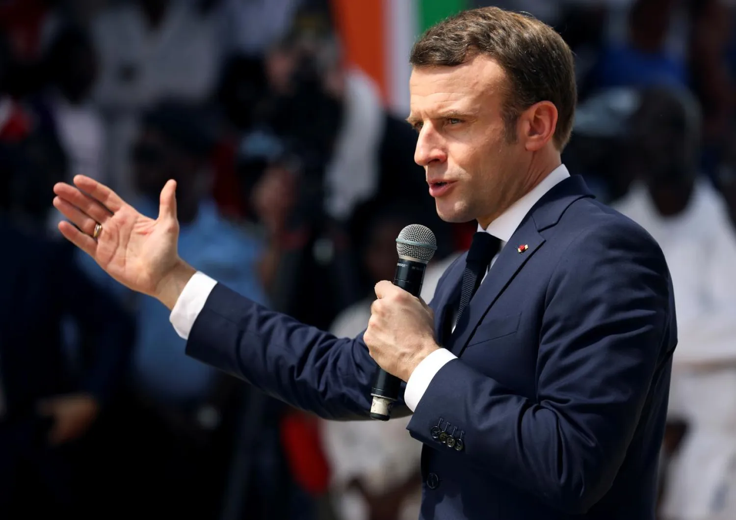 France's President Emmanuel Macron speaks during the inauguration of the Agora "win win" in Koumassi, Abidjan, Ivory Coast December 21, 2019. REUTERS/Luc Gnago
