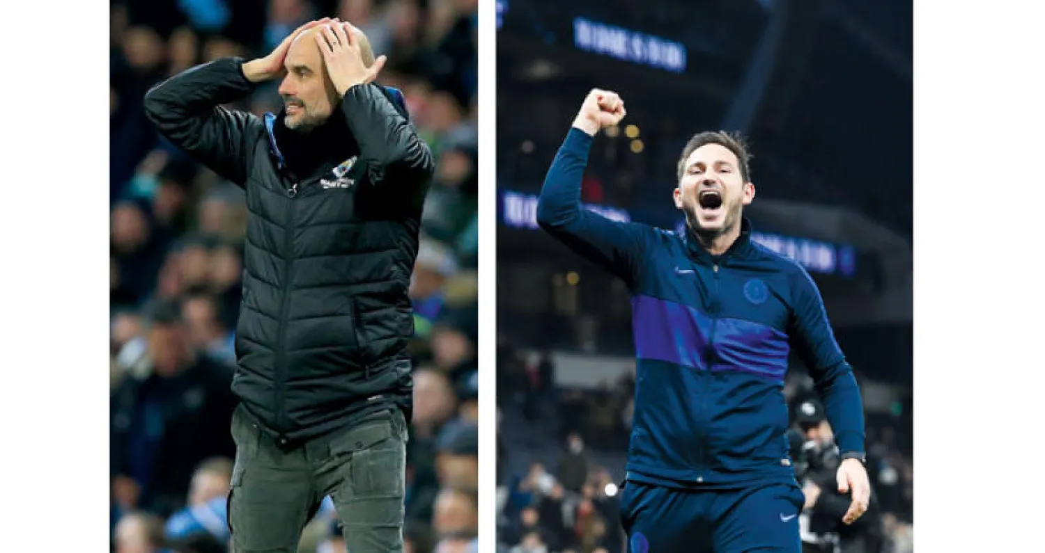 لامبارد يصرخ فرحاً بفوز تشيلسي والتفوق على مورينيو (إ.ب.أ) - غوارديولا مستاء من ضغط المباريات (أ.ف.ب)