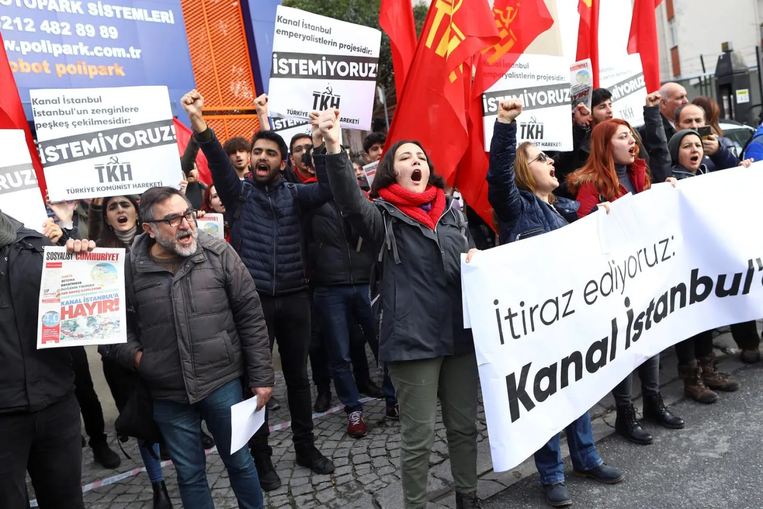Demonstrators shout slogans during a protest against a massive canal project in Istanbul, Turkey, December 27, 2019. (Reuters)