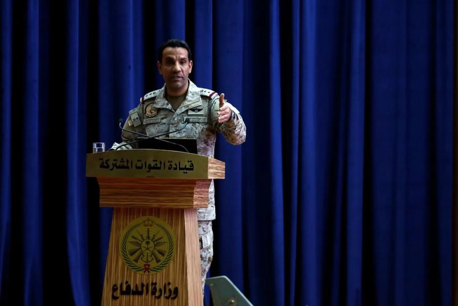  Saudi-led coalition spokesman, Colonel Turki al-Malki, speaks during a news conference in Riyadh, Saudi Arabia January 20, 2019. REUTERS/Faisal Al Nasser