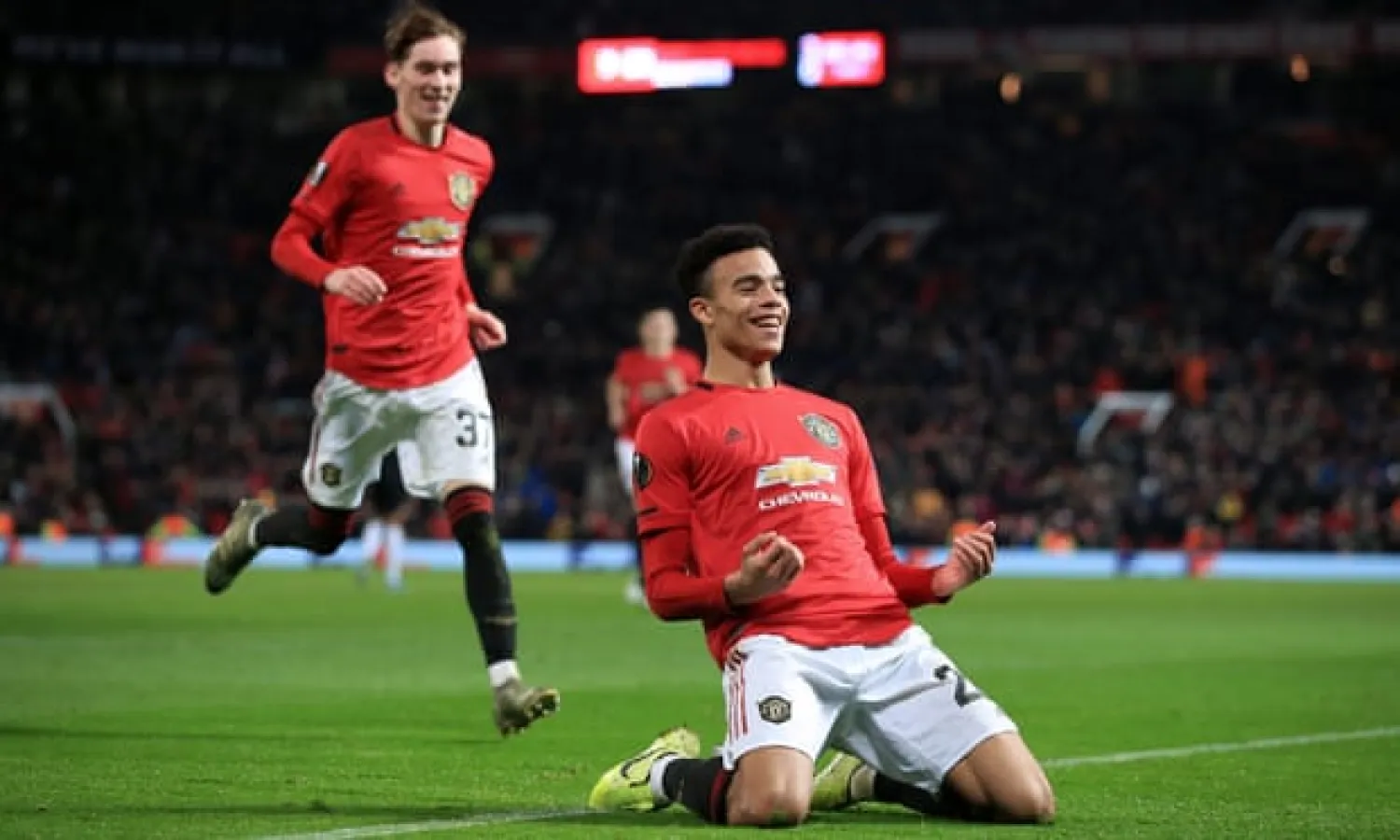  Mason Greenwood celebrates after scoring against AZ Alkmaar. Photograph: Simon Stacpoole/Offside via Getty Images
