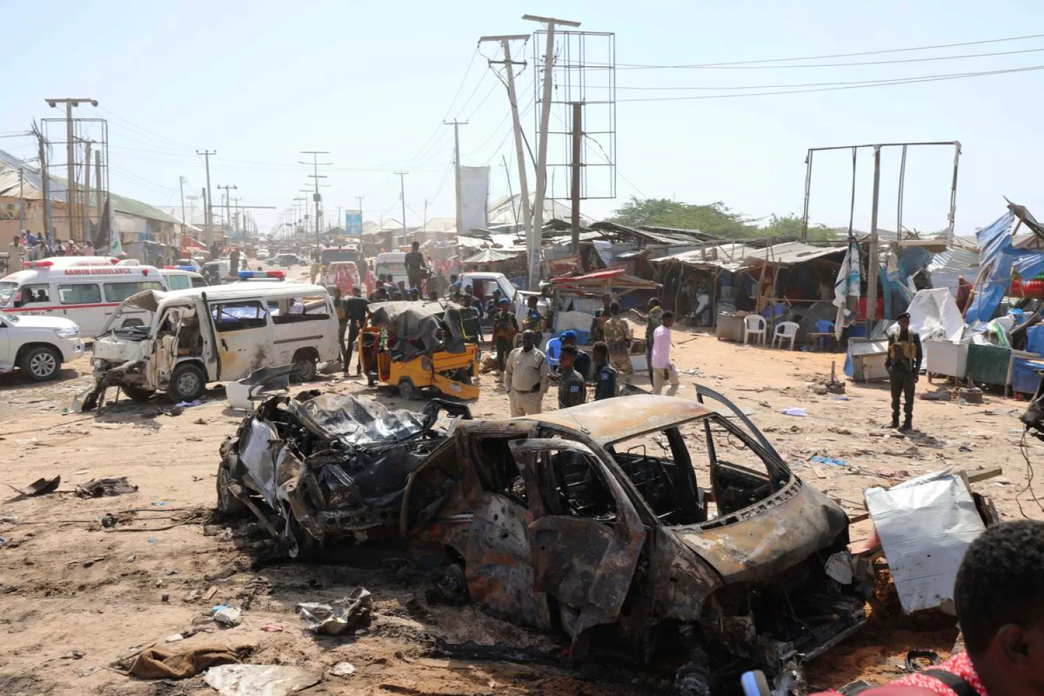 A general view shows the scene of a car bomb explosion at a checkpoint in Mogadishu, Somalia December 28, 2019. (Reuters)