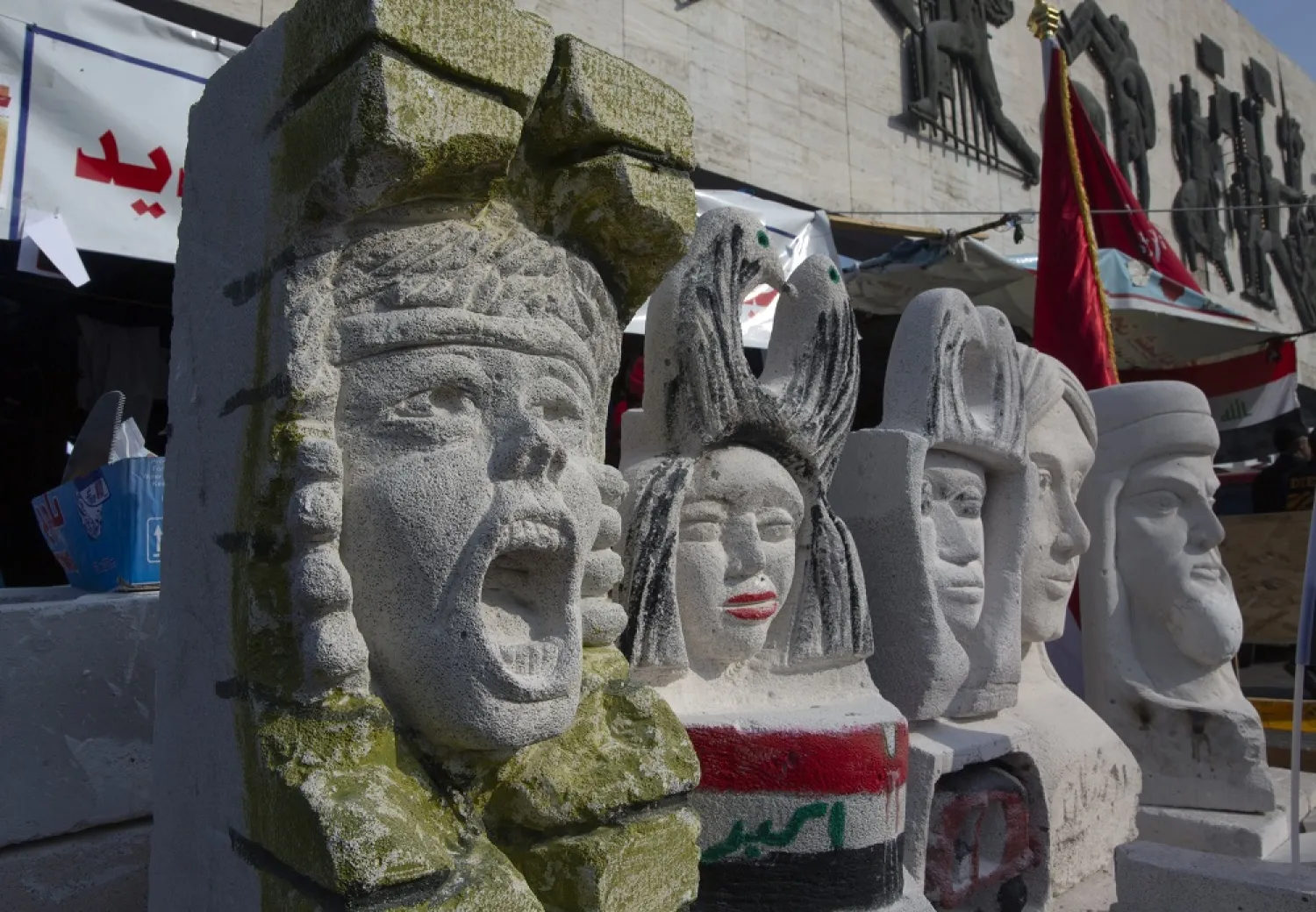 In this Tuesday, Dec. 17, 2019, photo, completed sculptures wait to be stored in preparation for an upcoming art exhibition, during the ongoing protests in Tahrir square, Baghdad, Iraq. (AP)