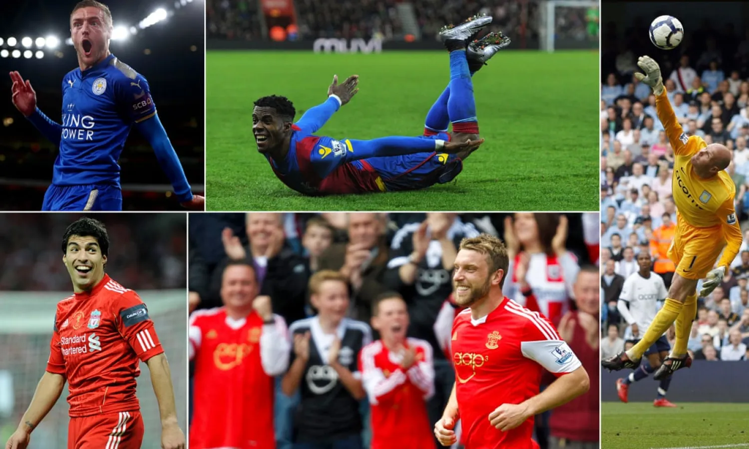Jamie Vardy of Leicester City, Crystal Palace’s Wilfried Zaha, Aston Villa goalkeeper Brad Friedel, Southampton’s Rickie Lambert and Luis Suarez of Liverpool. Composite: BPI/Shutterstock; PA Images; Tom Jenkins/The Guardian