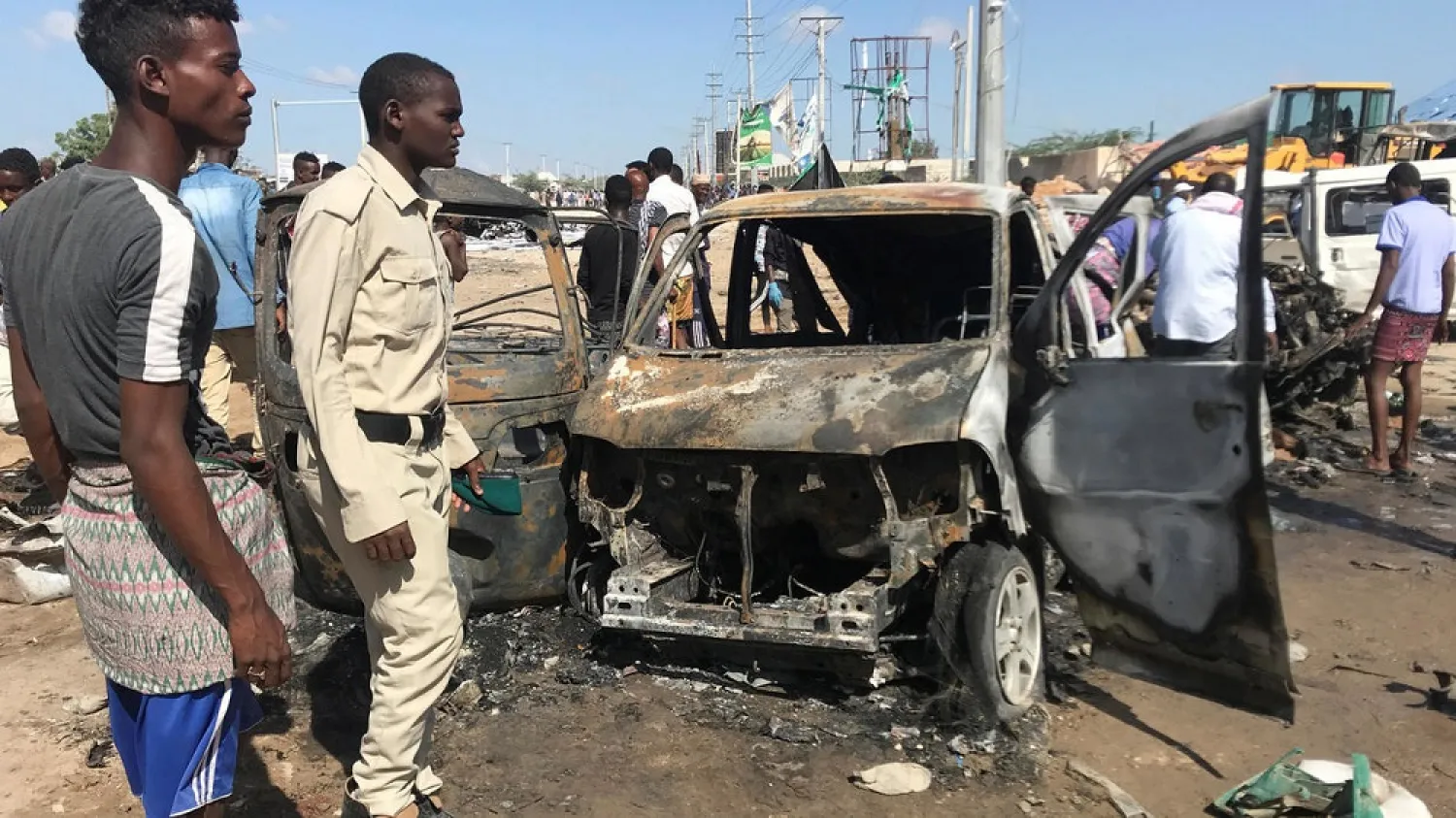 Somali security forces at the scene of a car bomb explosion at a checkpoint in Mogadishu on December 28, 2019. (Reuters)