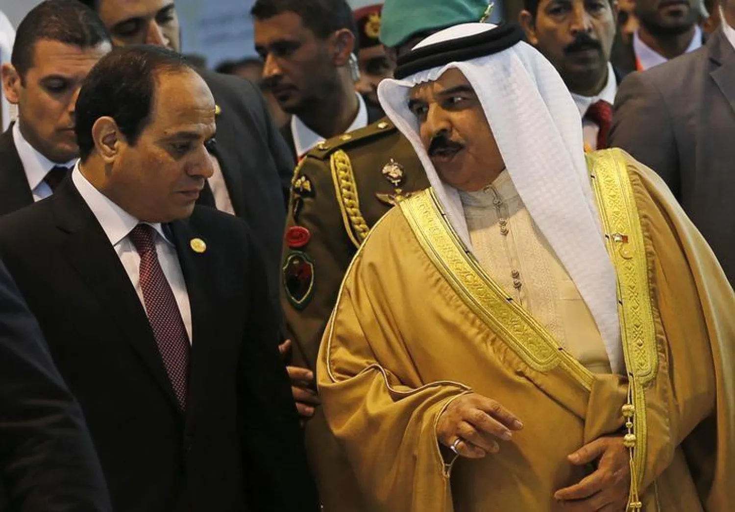  Egypt's President Abdel Fattah al-Sisi (L) speaks with the Bahrain's King Hamad bin Isa Al Khalifa before the opening of the Egypt Economic Development Conference (EEDC) in Sharm el-Sheikh, in the South Sinai governorate, about 550 km (342 miles) south of Cairo, March 13, 2015. REUTERS/Amr Abdallah Dalsh