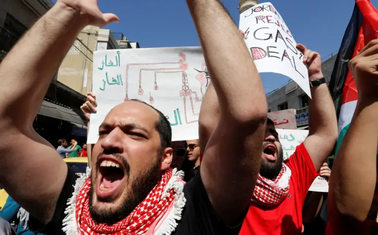  Jordanian protesters chant slogans during a protest against a government agreement to import natural gas from Israel, in Amman, Jordan, Sept. 30, 2016

(photo credit: Muhammad Hamed/ Reuters)