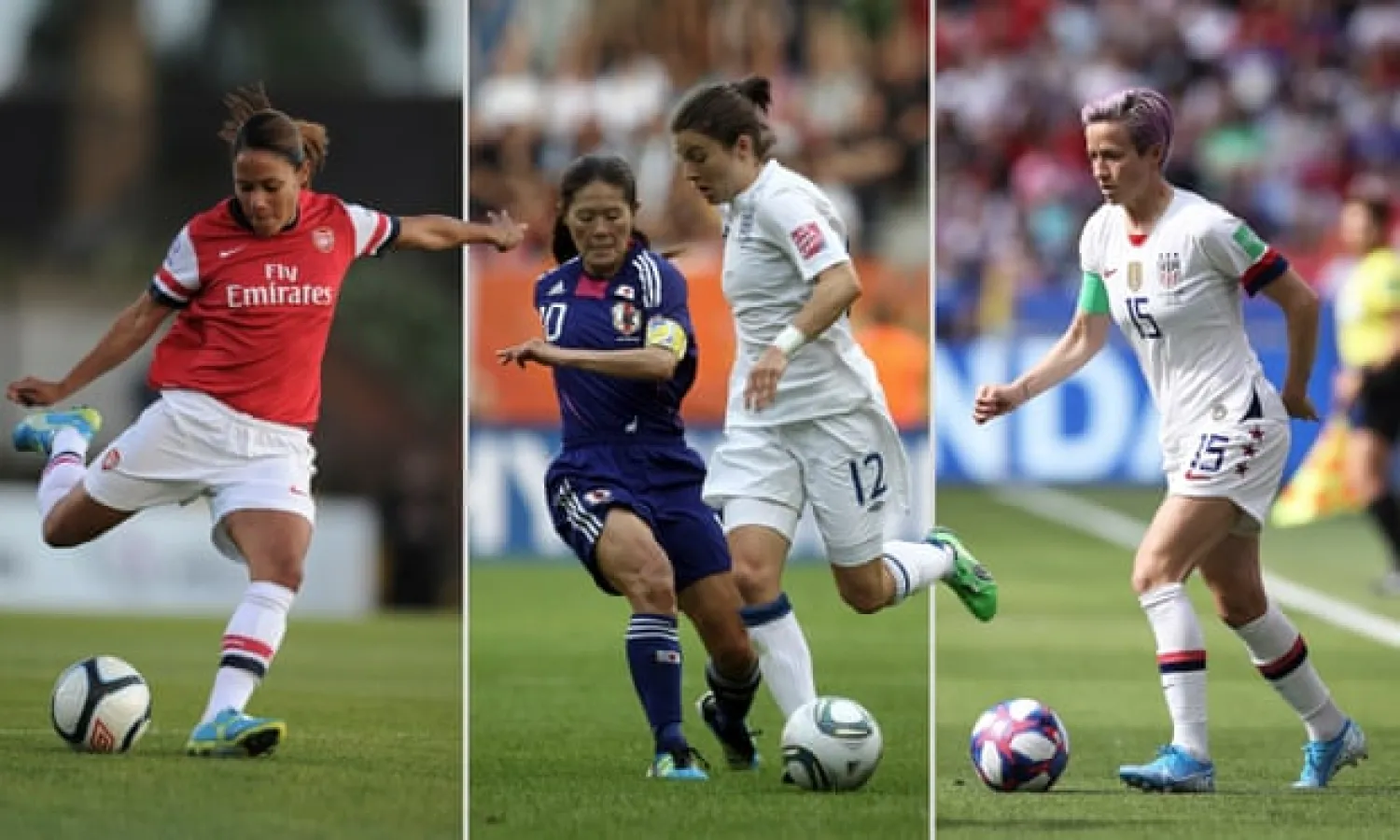  Arsenal’s Alex Scott in 2012, England’s Karen Carney is challenged by Japan’s Homare Sawa at the 2011 Women’s World Cup, and Megan Rapinoe of the USA in the 2019 Women’s World Cup final. Photograph: Getty Images
