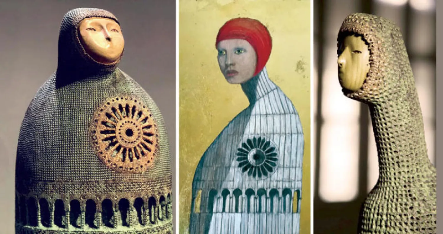 التناغم بين الملامح البشرية والمعمارية بأسلوب تجريدي  -  الاسكتشات تتكامل مع منحوتات المعرض  -  التأثر بجماليات العمارة القديمة من أبرز ثيمات المعرض