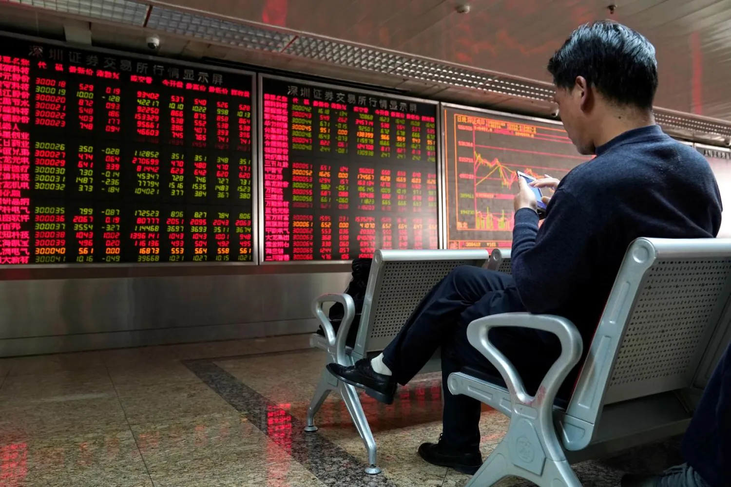 FILE PHOTO: An investor uses his mobile phone in front of a stock quotation board at a brokerage office in Beijing, China January 3, 2020. REUTERS/Jason Lee

