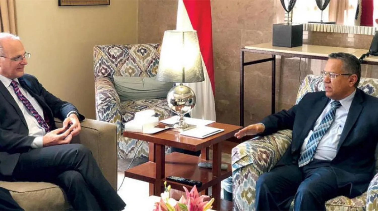 Former Yemeni Prime Minister Ahmed Obeid bin Daghr meets with British diplomat Michel Aron in Riyadh, Saba News Agency 
