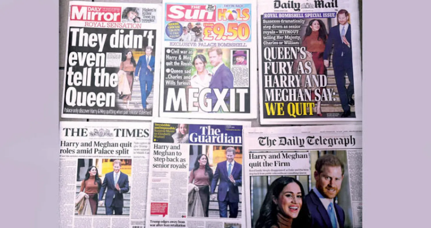 خبر قرار الأمير هاري وزوجته ميغان تقليص دوريهما كعضوين بارزين في العائلة الملكية تصدر الصحف البريطانية أمس