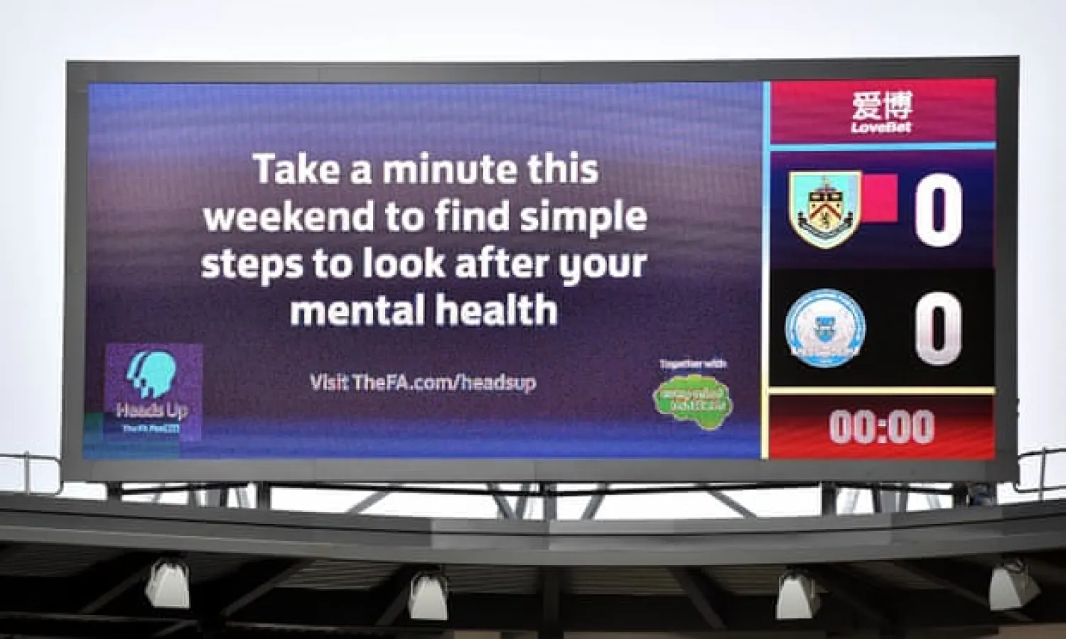  The big screen at Turf Moor gets the message across before Burnley’s FA Cup tie with Peterborough. Photograph: Anthony Devlin/PA
