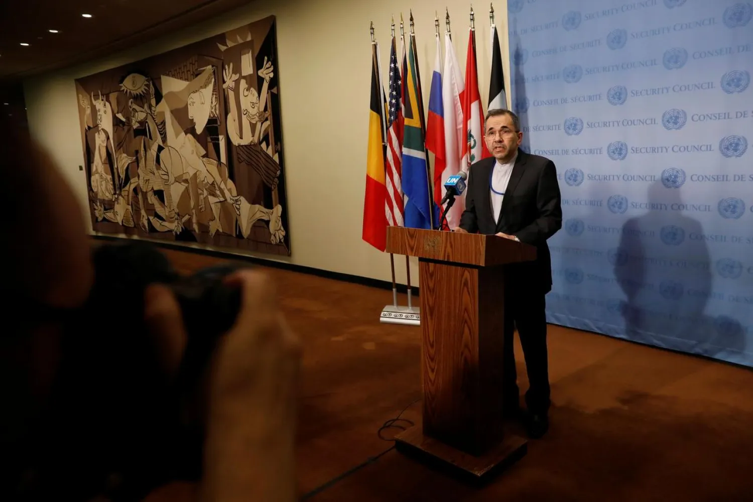 Iranian Ambassador to the United Nations Majid Takht-Ravanchi speaks to the media outside Security Council chambers at the UN headquarters in New York, US, June 24, 2019. REUTERS/Shannon Stapleton