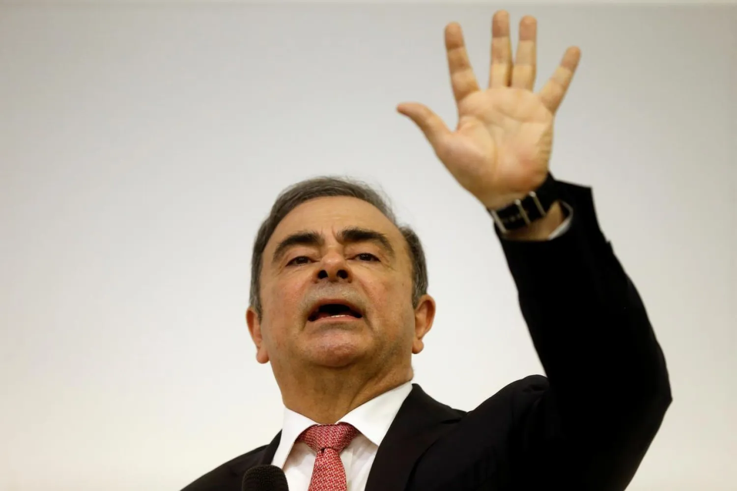 Former Nissan chairman Carlos Ghosn gestures during a news conference at the Lebanese Press Syndicate in Beirut, Lebanon January 8, 2020. (Reuters)