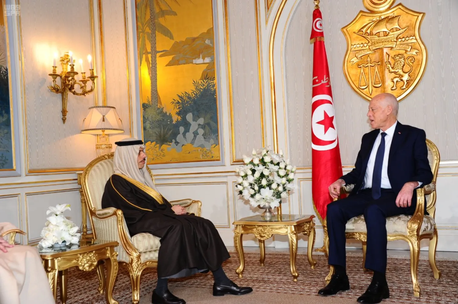Saudi Foreign Minister Prince Faisal bin Farhan bin Abdullah meets with Tunisian President Kais Saied. (SPA)