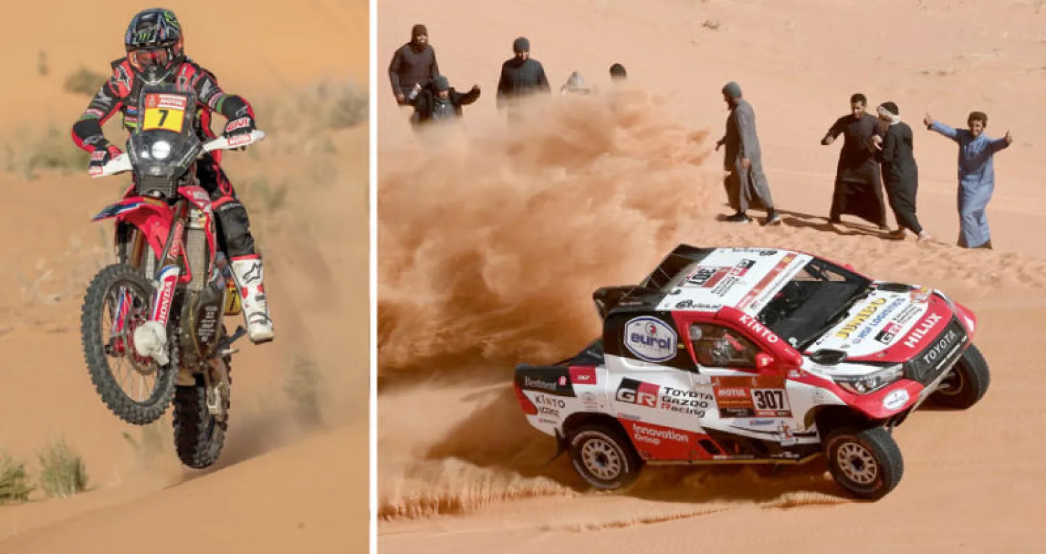 الفرنسي ستيفان تفوق في المرحلة السادسة بين حائل والرياض (أ.ف.ب)  -  سائق دراجة نارية يشق طريقه في السباق (أ. ب)