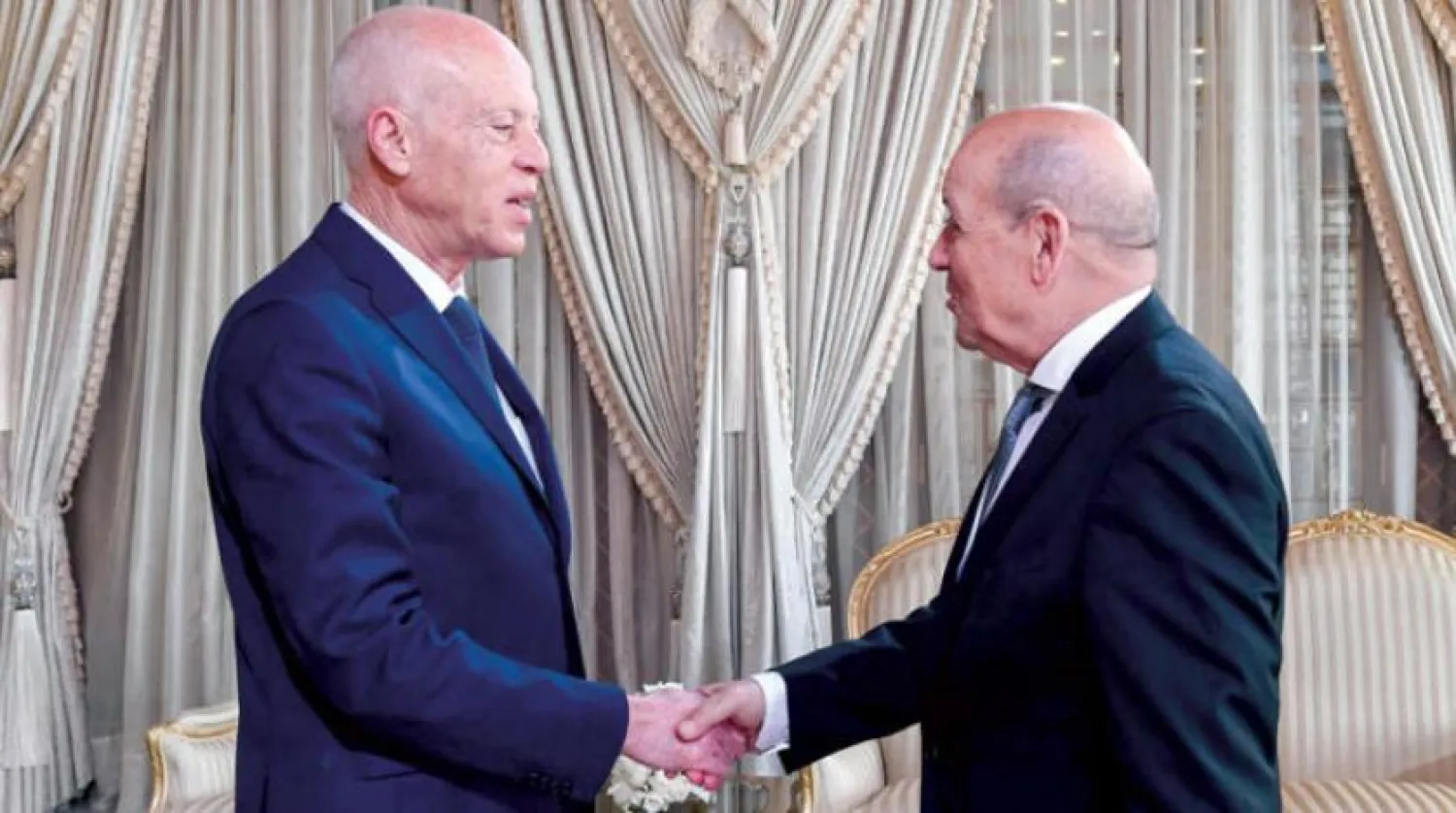 A handout picture provided by the Tunisian Presidency Press Service on January 9, 2020 shows President Kais Saied (L) shaking hands with French Foreign Affairs Minister Jean-Yves Le Drian at the presidential palace in Carthage, east of the capital Tunis. AFP