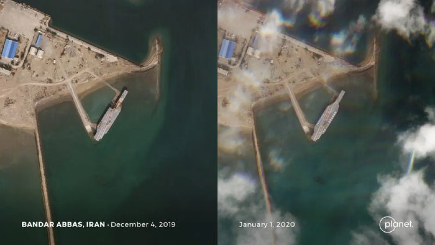 Photos show repair work on Iran's mock-up of a US Navy aircraft carrier, complete with mock aircraft. Photo courtesy of Planet Labs Inc.