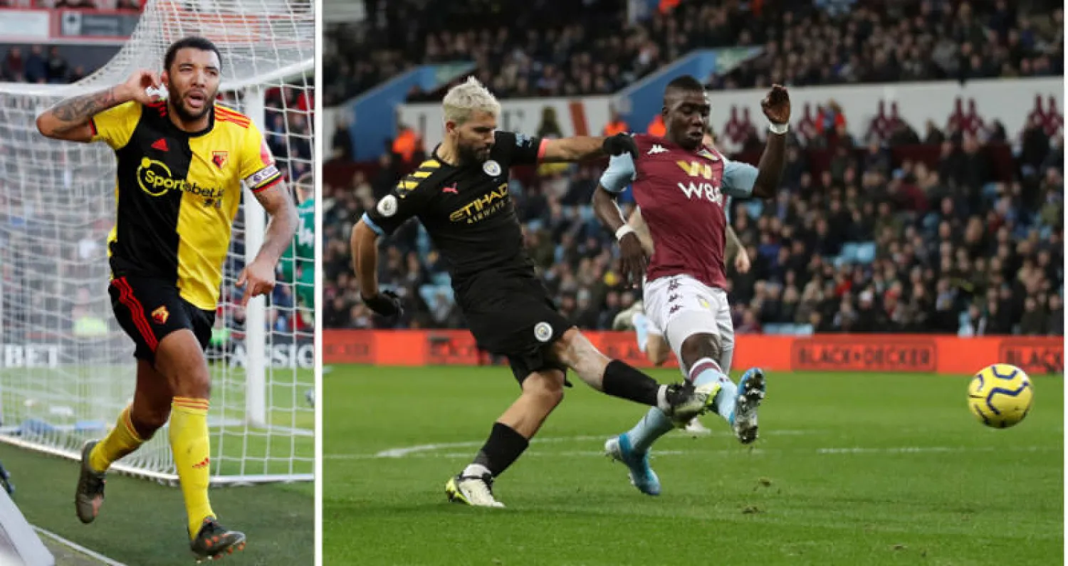 أغويرو نجم سيتي (يسار) يسجل ثالث أهدافه من سداسية فريقه في مرمى أستون فيلا (رويترز)  -  ديني قائد واتفورد يحتفل بهدفه في مرمى بورنموث (رويترز)