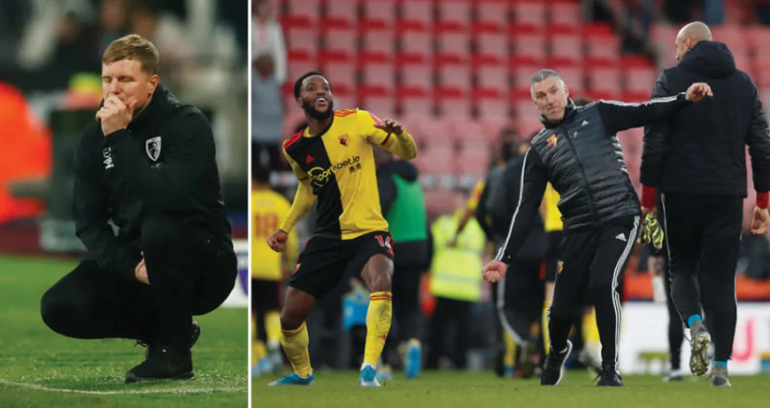 بيرسون يحتفل مع لاعبي واتفورد بالفوز على بورنموث الذي أخرج الفريق من دائرة الخطر (رويترز)  -  إيدي هاو مدرب بورنموث يعاني بعد تراجع الفريق لمنطقة الخطر (رويترز)