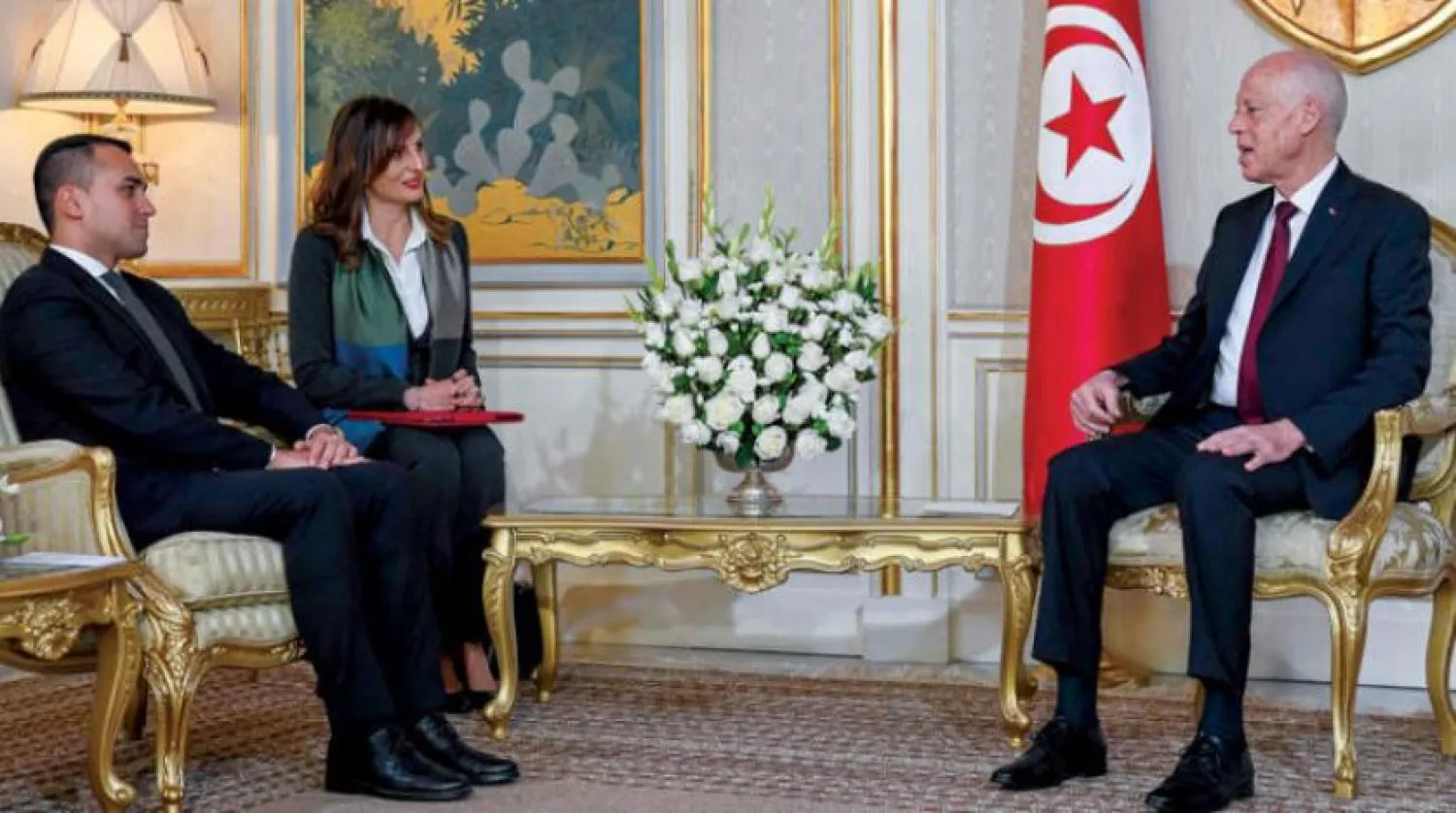 Tunisian President Kais Saied received Italian Foreign Minister Luigi Di Maio in Tunisia on Monday, January 13, 2020 (AFP)