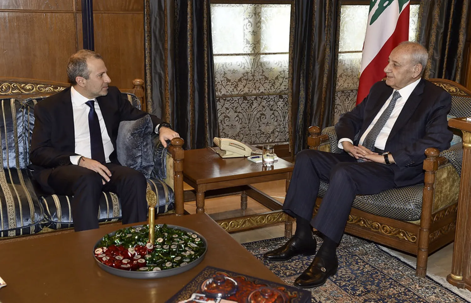 Speaker Nabih Berri and Foreign Minister in the resigned government Gebran Bassil during their meeting in Ain el-Tineh (NNA)