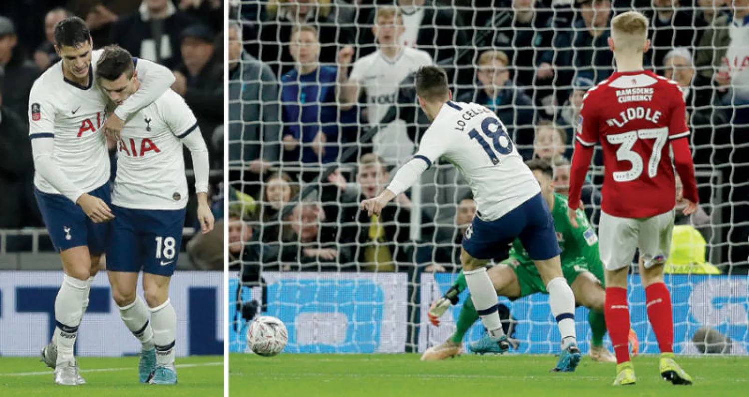 لو سيلسو (يسار) يسجل هدف توتنهام الأول في مرمى ميدلسبره (أ.ب)  -  سيلسو ولاميلا سجلا هدفي تأهل توتنهام للدور الرابع (أ.ب)