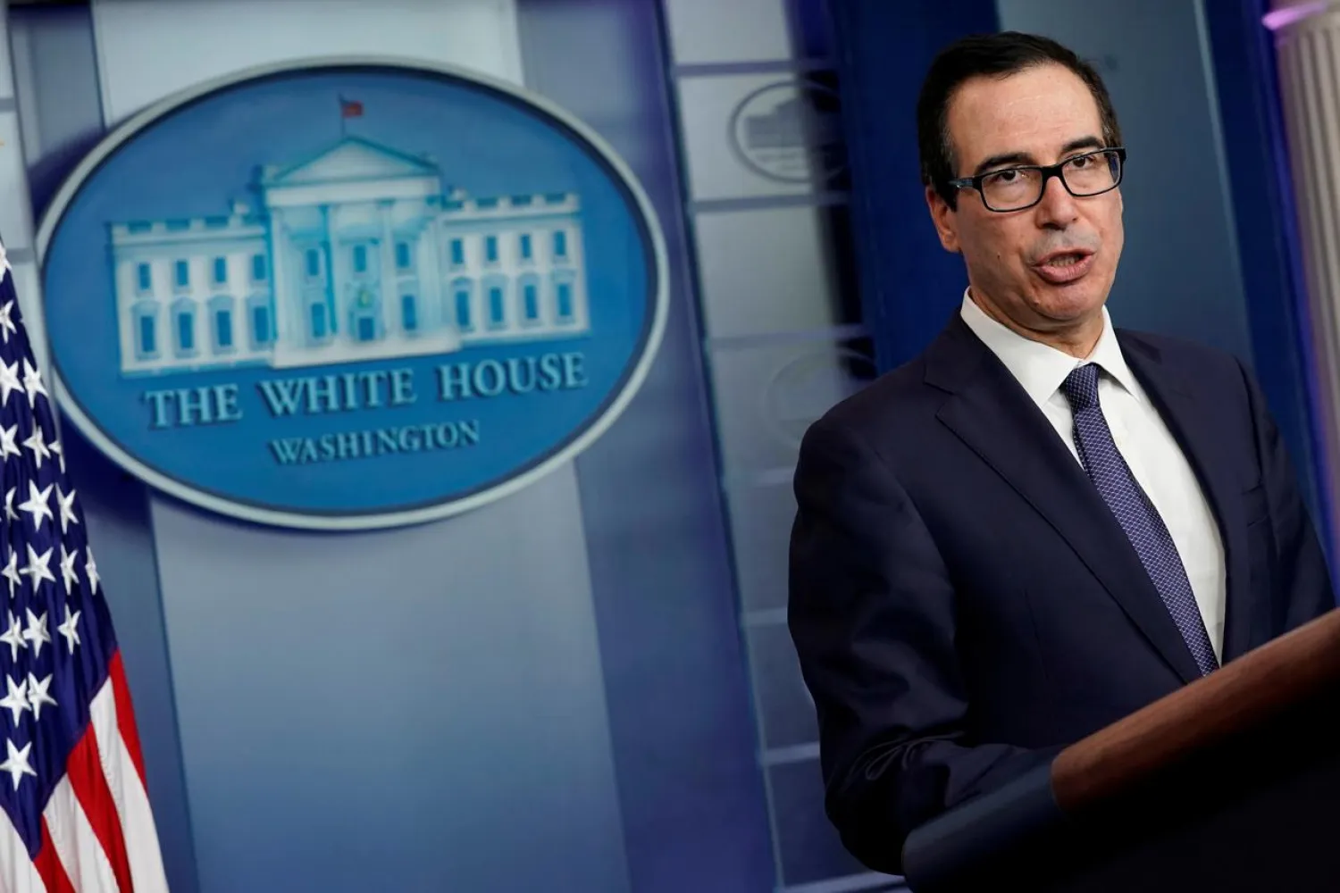 FILE PHOTO: US Treasury Secretary Steve Mnuchin speaks about sanctions against Turkey at a news briefing at the White House in Washington, US, October 11, 2019. REUTERS/Yuri Gripas