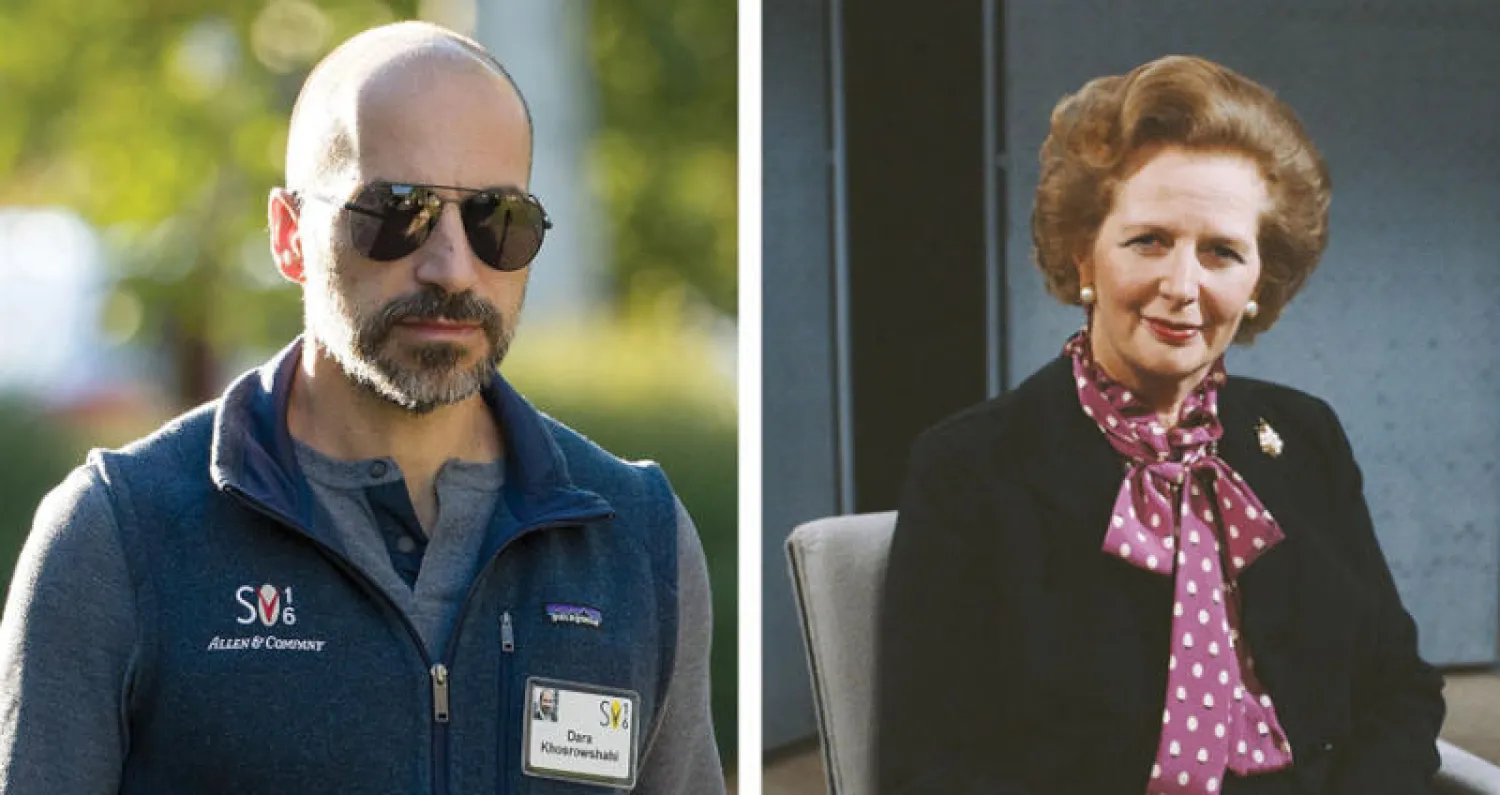 مارغريت ثاتشر وربطة عنق حريرية وإلى اليسار رئيس شركة «إكسبيديا» وهو يرتدي صديرياً من علامة «باتاغونيا» (نيويورك تايمز)