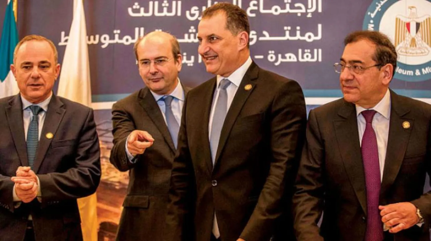 Israeli Energy Minister Yuval Steinitz (L), Greece's Energy Minister Kostis Hatzidakis (2nd-L), Egyptian Minister of Petroleum Tarek el-Molla (R) and Cypriot Energy Minister Yiorgos Lakkotrypis (2nd-R) attend the East Mediterranean Gas Forum (EMGF), in Cairo, on January 16, 2020. (Photo by Khaled DESOUKI / AFP)