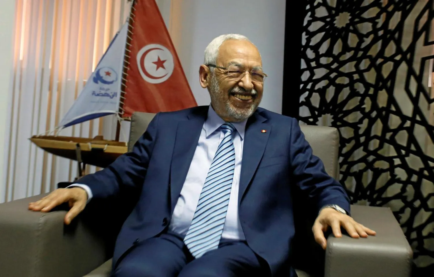 Rached Ghannouchi speaks during an interview with Reuters journalists in Tunis, Tunisia, April 25, 2018. Picture taken April 25, 2018. REUTERS/Zoubeir Souissi