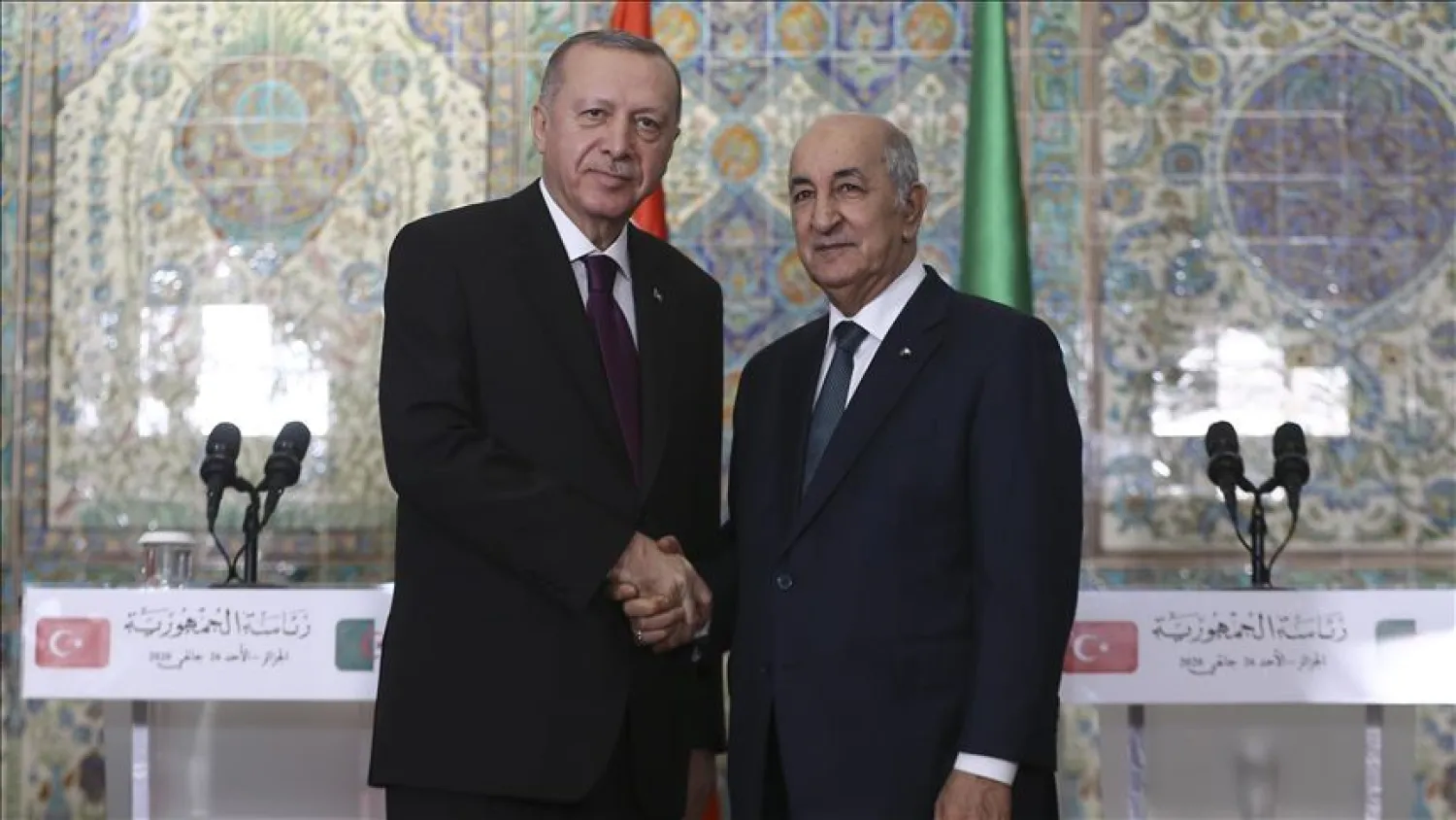 Turkish President Recep Tayyip Erdogan and Algerian President Abdelmadjid Tebboune hold a joint press conference following their meeting at presidential office in Algiers, Algeria on January 26, 2020. (Ercin Top - Anadolu Agency)