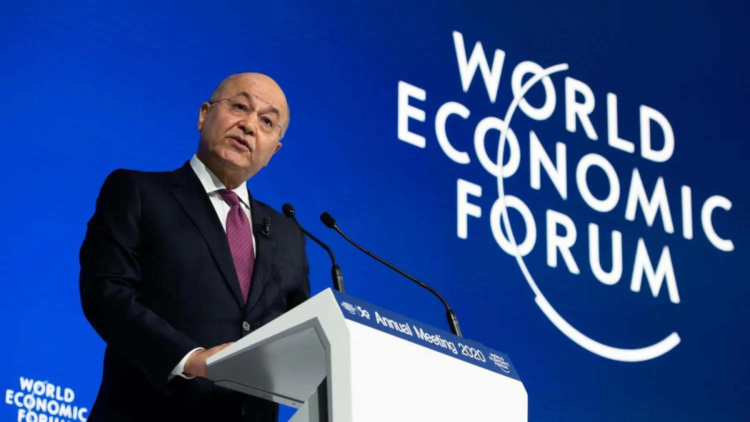Iraq's President Barham Salih speaks during a plenary session during the 50th annual meeting of the World Economic Forum, WEF, in Davos, Switzerland, Wednesday, January 22, 2020. AP