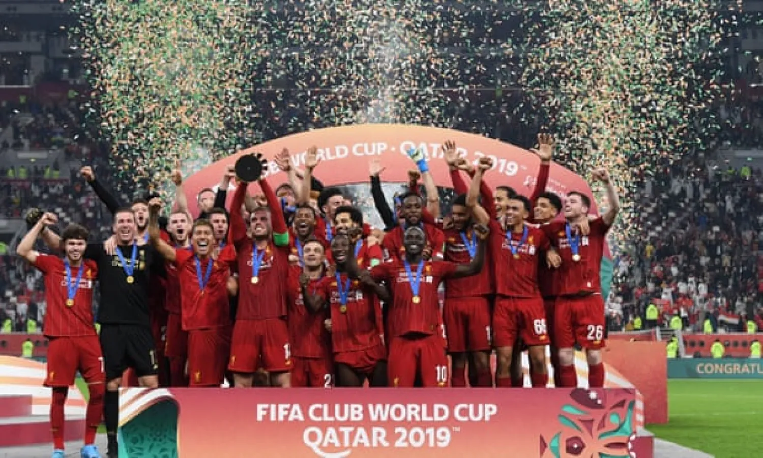  Jordan Henderson and his Liverpool teammates celebrate winning the 2019 Fifa Club World Cup in Qatar. Photograph: David Ramos/Fifa via Getty Images
