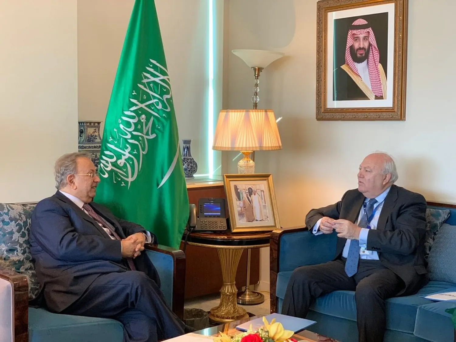 Saudi Permanent Representative to the United Nations Abdallah al-Mouallimi meets with High Representative of the Alliance of Civilizations Miguel Angel Moratinos. (SPA)