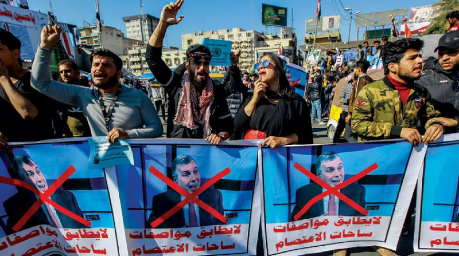 جانب من المظاهرات في ساحة التحرير ببغداد أمس (د.ب.أ)