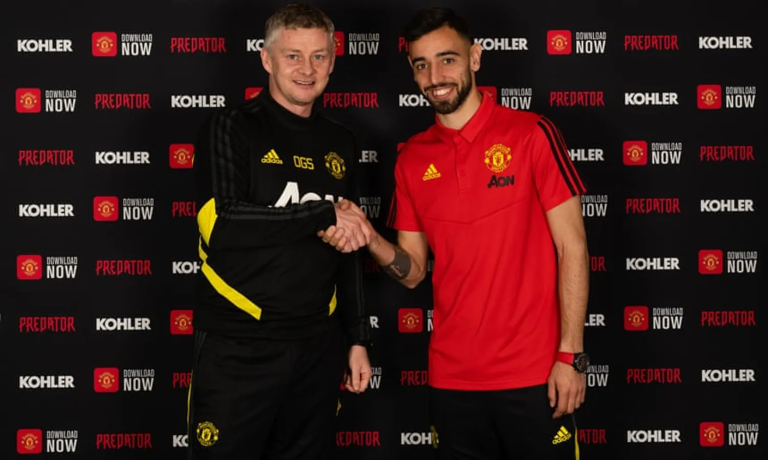  Bruno Fernandes is welcomed by Manchester United’s manager, Ole Gunnar Solskjær. Photograph: Manchester United via Getty Images
