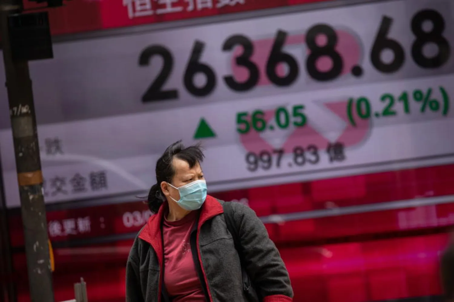 سيدة أمام لوحة إلكترونية في هونغ كونغ (إ.ب.أ)