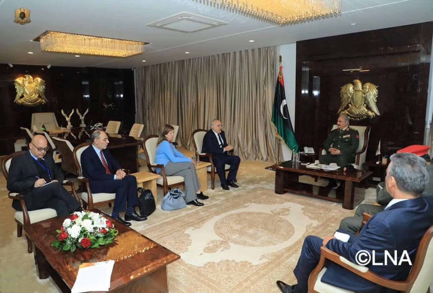 LNA commander Khalifa Haftar receives UN envoy to Libya Ghassan Salame in Rajma. (Twitter)